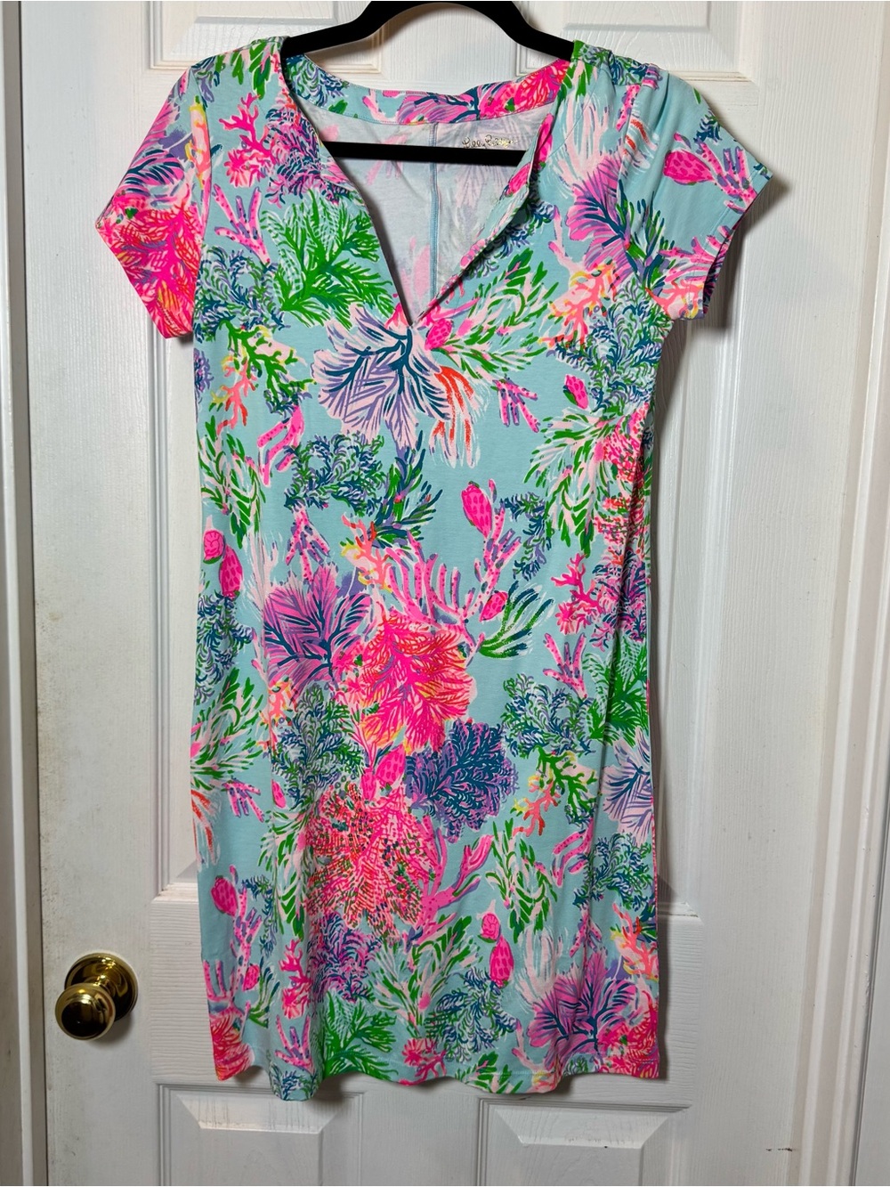 Lilly Pulitzer Light Blue Floral Shift Dress with Pink & Green Accents